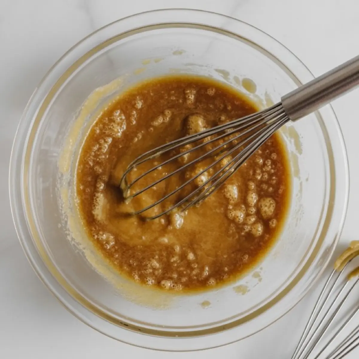 Mixing bowl containing a frothy, blended egg and sugar mixture being whisked with a metal hand whisk on a marble countertop.