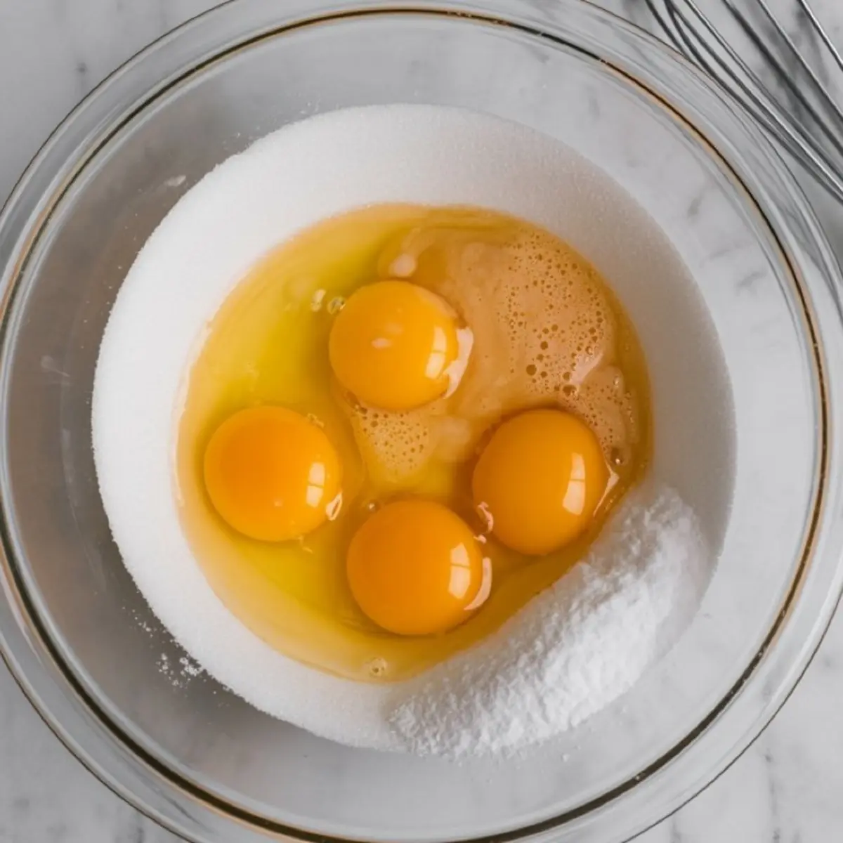 Glass mixing bowl filled with granulated sugar and four cracked eggs, captured before whisking, with a metal whisk resting nearby.