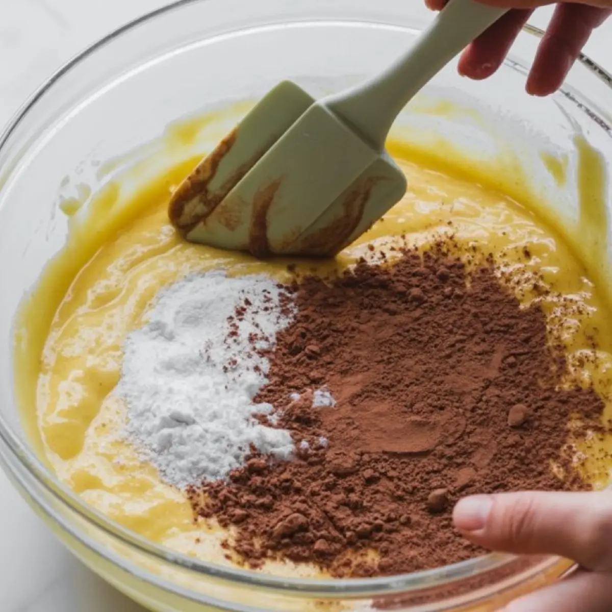 Batter in a glass mixing bowl being combined with cocoa powder and flour using a silicone spatula, showing the early stage of brownie preparation.