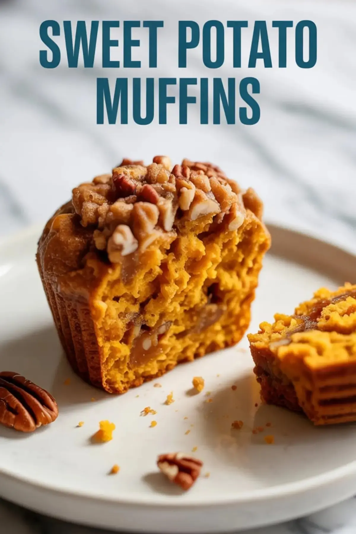 Close-up of a halved sweet potato muffin topped with chopped pecans on a white plate, showcasing a moist interior filled with nuts and warm spices.