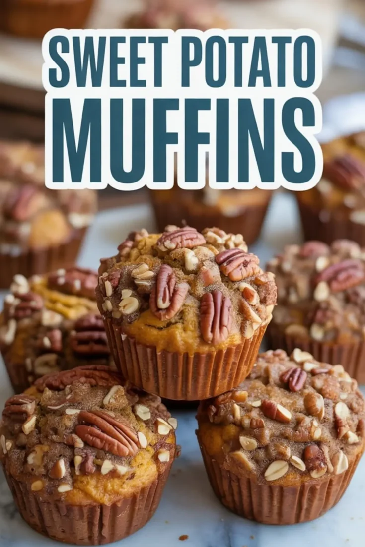 Stacked sweet potato muffins with pecans and oat topping arranged on a marble surface, highlighting their golden-baked texture and rustic presentation.