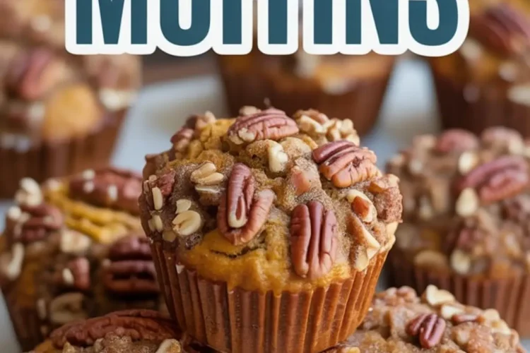 Stacked sweet potato muffins with pecans and oat topping arranged on a marble surface, highlighting their golden-baked texture and rustic presentation.