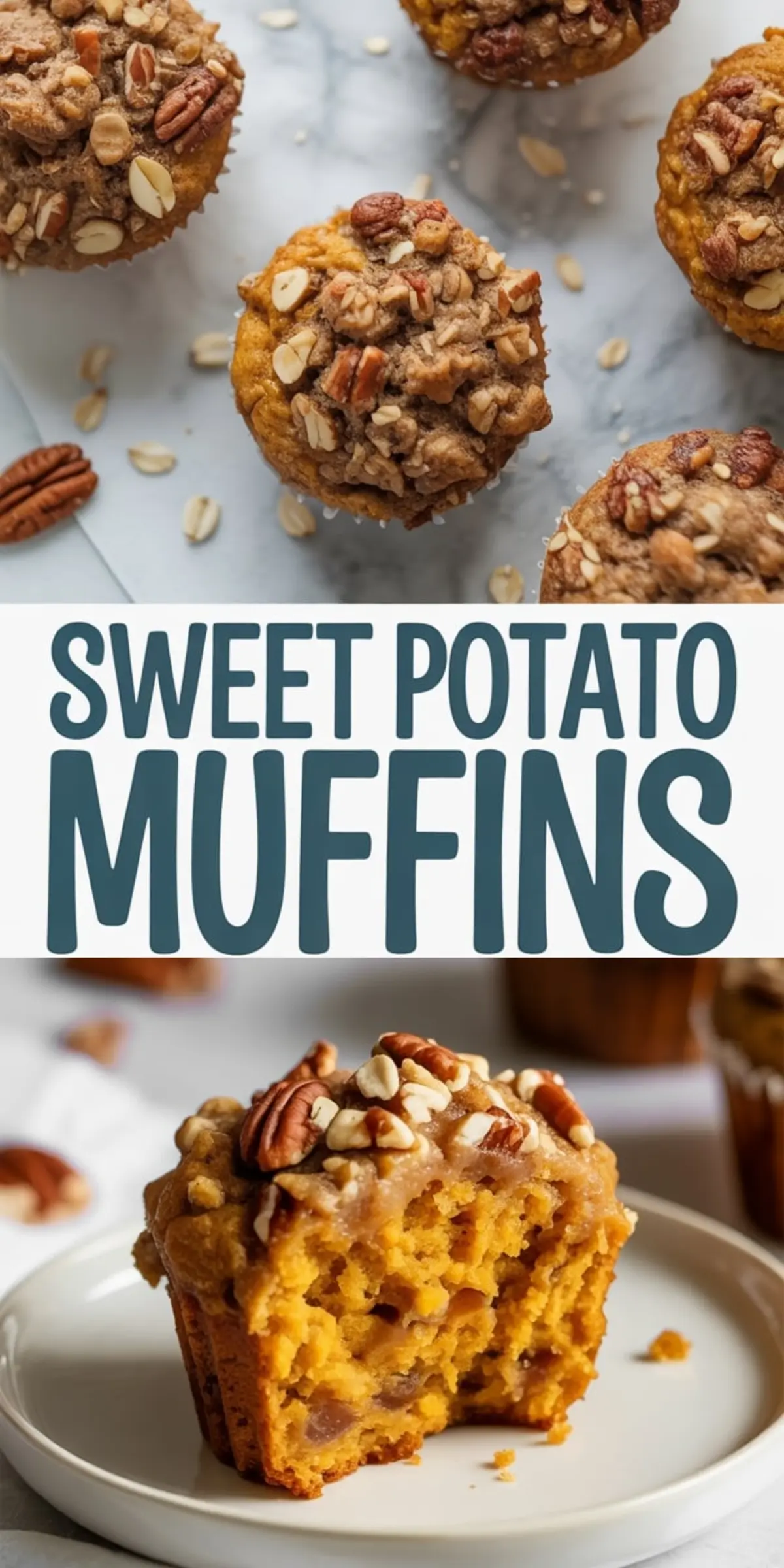 Collage showing overhead and close-up views of sweet potato muffins with chopped pecans and oats, placed on a white plate and a marble background.
