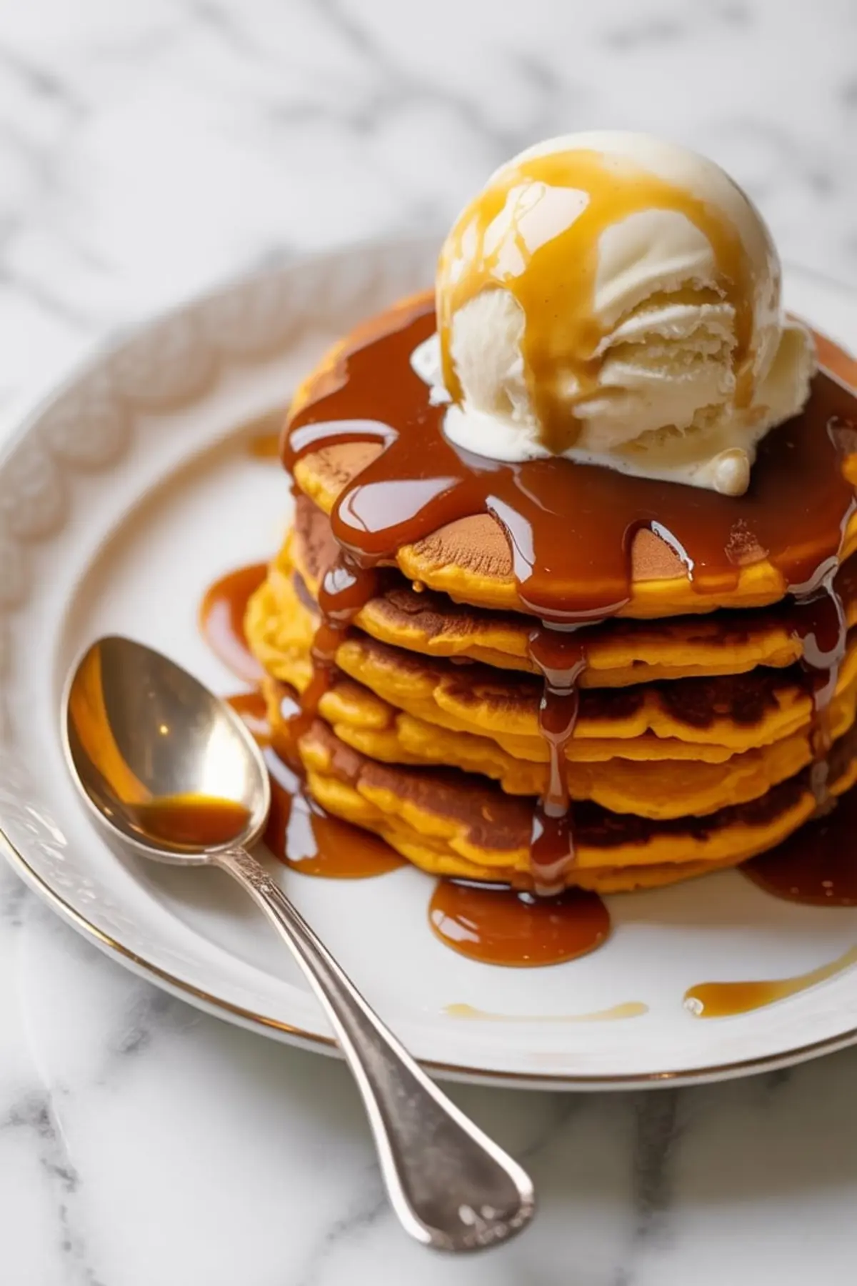 Stack of fluffy sweet potato pancakes drizzled with caramel sauce and topped with a scoop of vanilla ice cream on a vintage white plate.