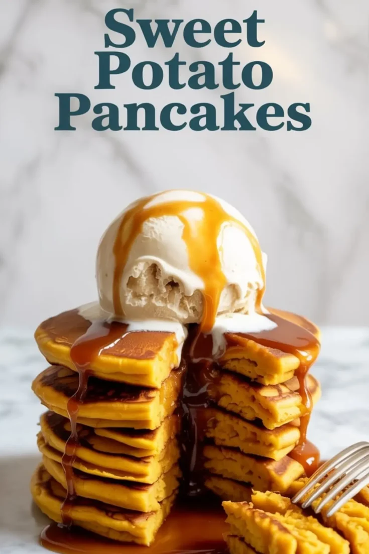 Tall stack of sweet potato pancakes split down the middle, topped with melting vanilla ice cream and rich caramel drizzle, with bold text reading “Sweet Potato Pancakes.”