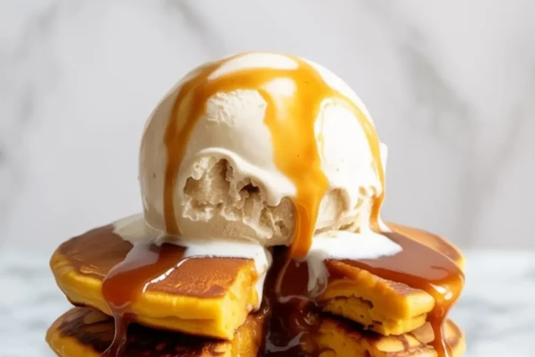 Tall stack of sweet potato pancakes split down the middle, topped with melting vanilla ice cream and rich caramel drizzle, with bold text reading “Sweet Potato Pancakes.”