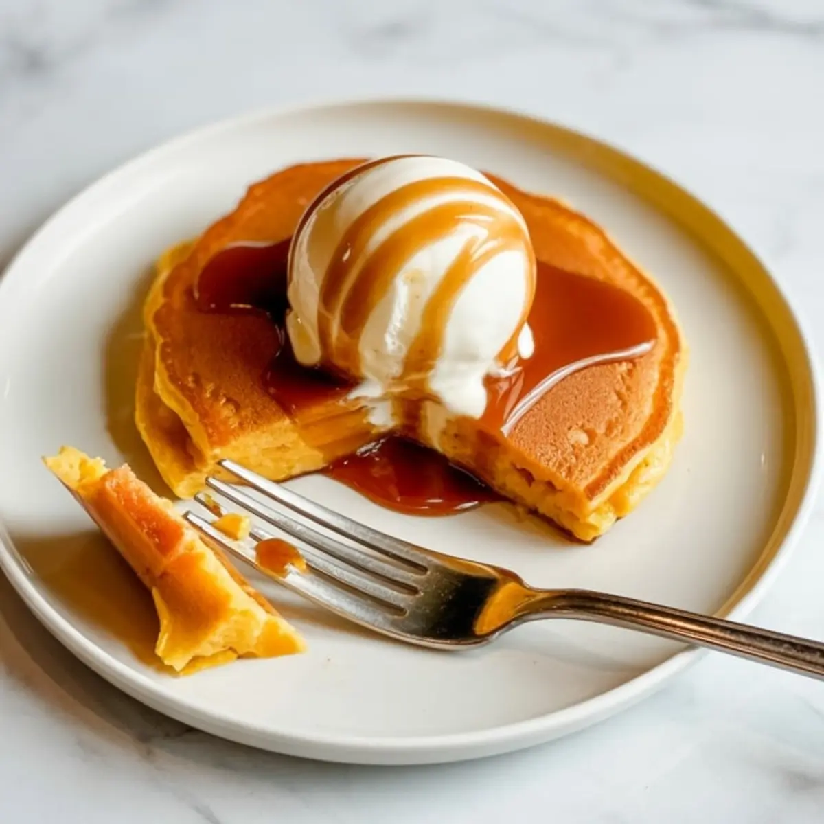 Single sweet potato pancake topped with vanilla ice cream and caramel drizzle on a white plate, partially sliced with a fork beside it.