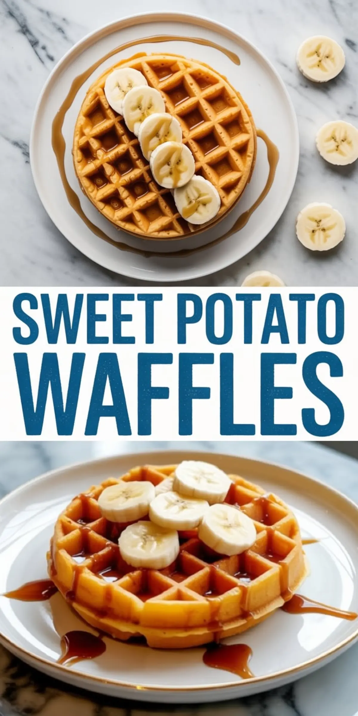 Vertical collage featuring sweet potato waffles topped with banana slices and maple syrup, with bold text in the center reading “Sweet Potato Waffles” for a Pinterest-ready breakfast recipe pin.
