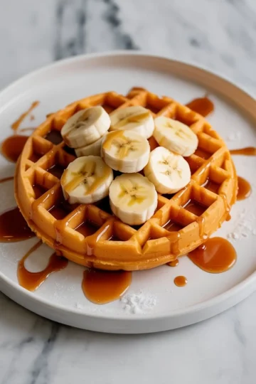Golden sweet potato waffle topped with banana slices and generously drizzled with maple syrup, served on a white plate with syrup accents.