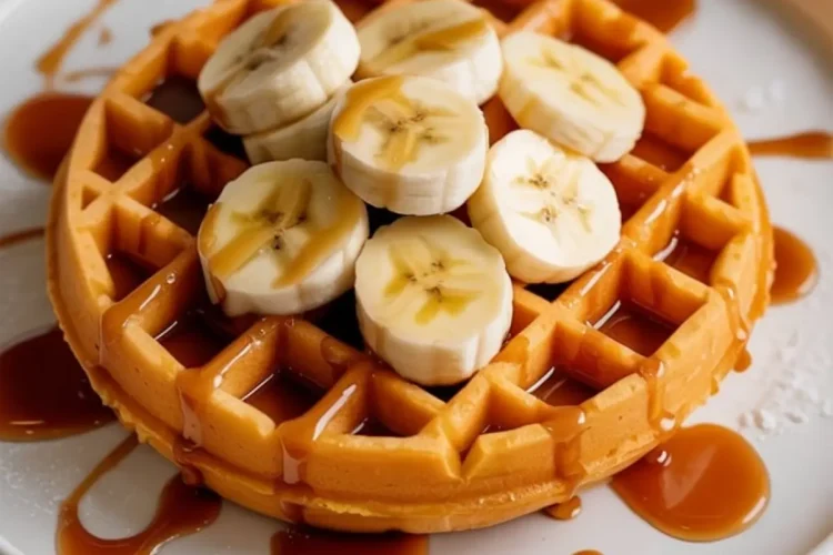 Golden sweet potato waffle topped with banana slices and generously drizzled with maple syrup, served on a white plate with syrup accents.