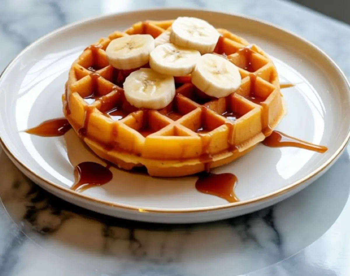 Sweet potato waffle served on a white and gold plate, topped with banana slices and generously drizzled with maple syrup on a marble surface.
