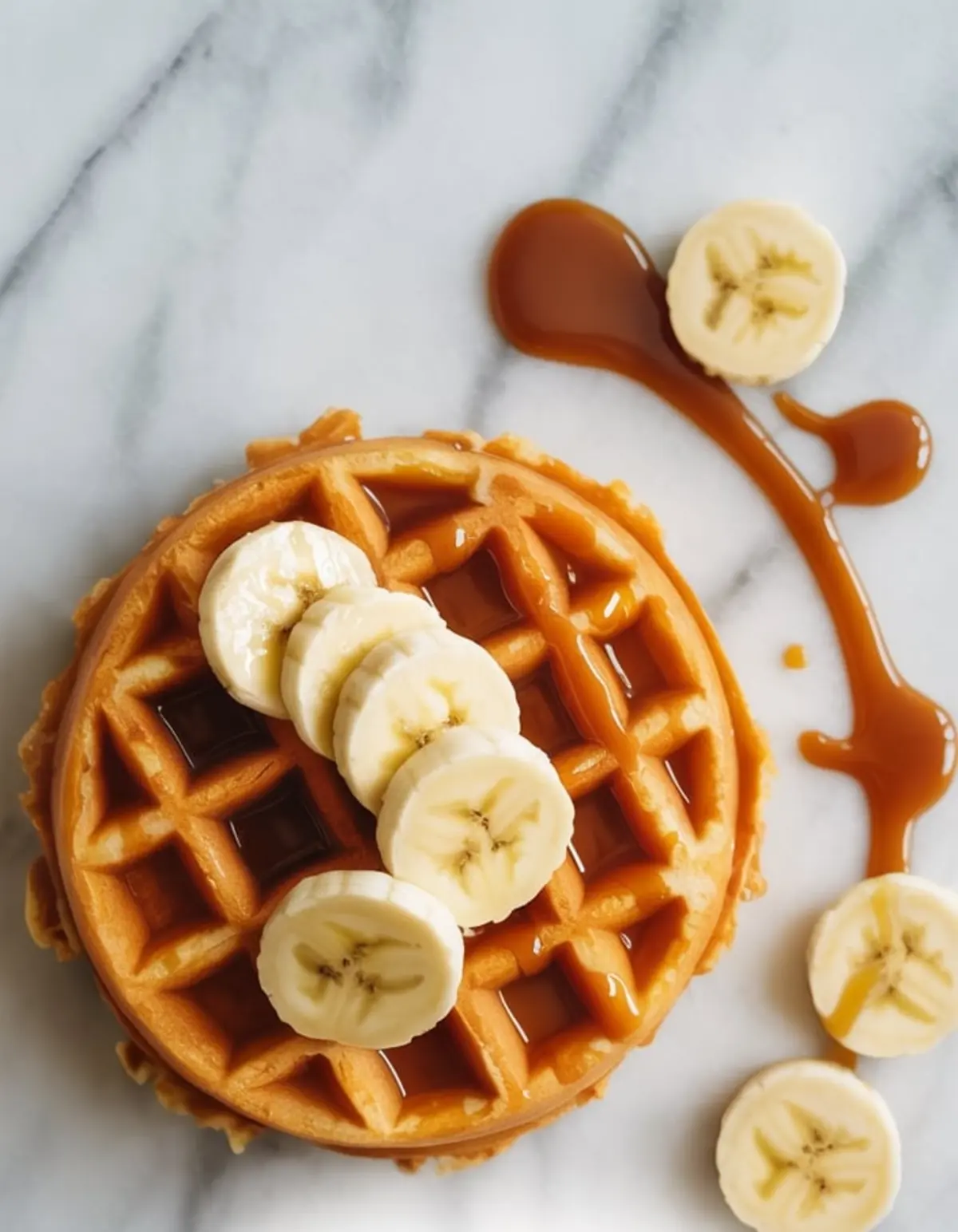 Overhead view of a sweet potato waffle topped with banana slices and maple syrup, with additional banana coins and syrup drips scattered on a marble background.

