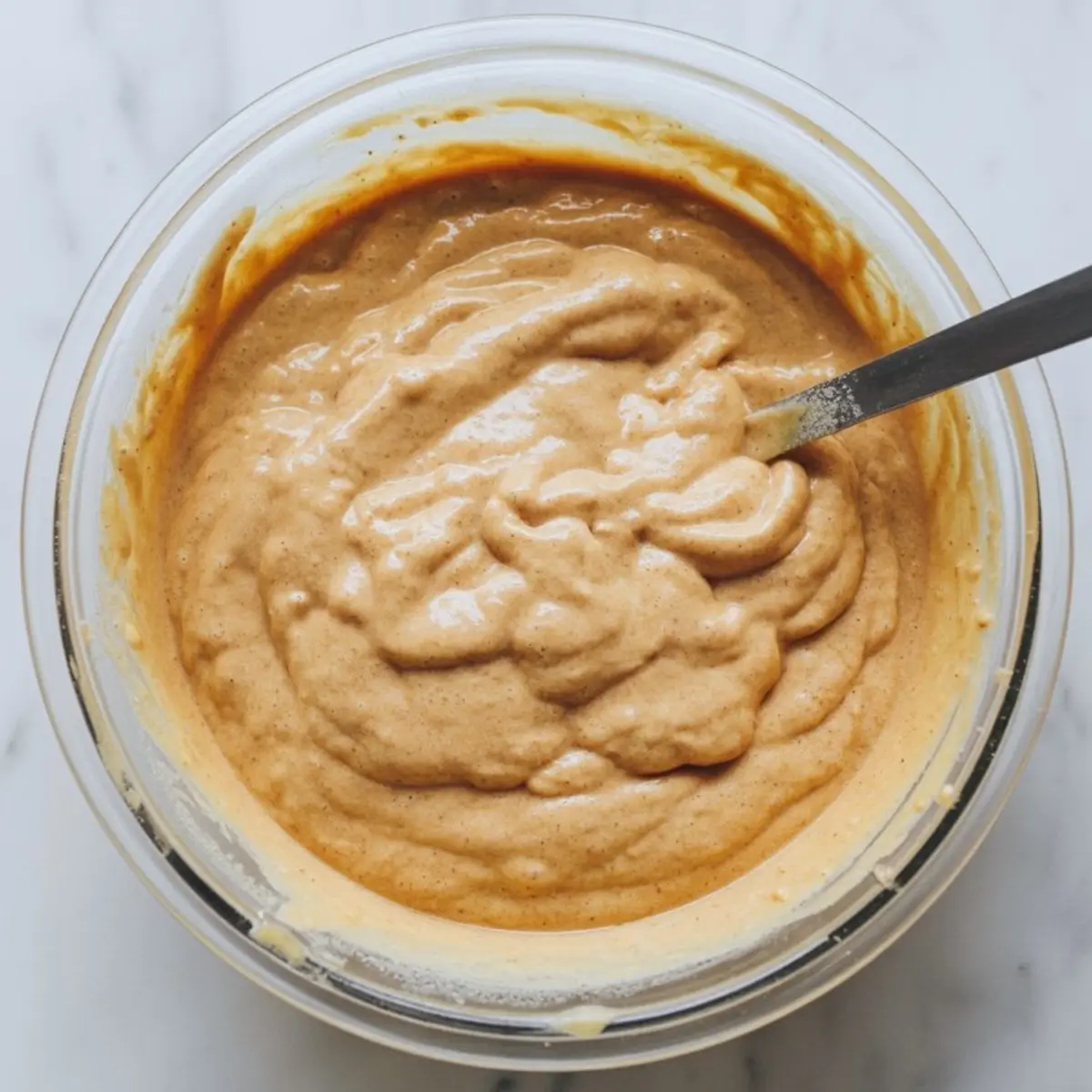 Thick sweet potato waffle batter in a mixing bowl with a spatula, showing a creamy, spiced texture ready for cooking.
