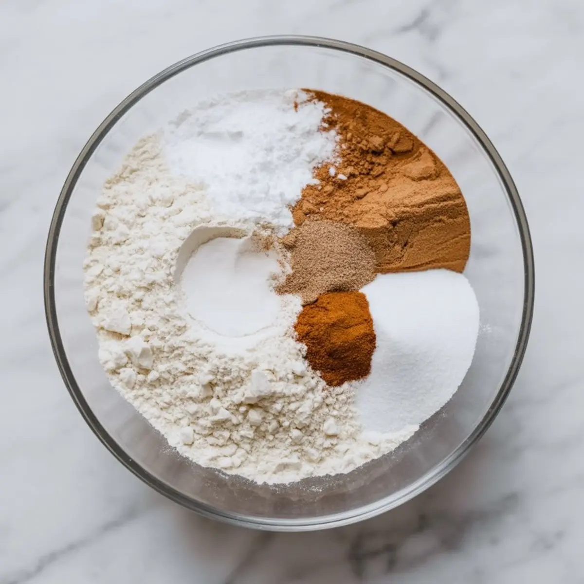 Glass bowl filled with dry baking ingredients including flour, sugar, baking powder, baking soda, ground cinnamon, nutmeg, and ginger on a marble surface.
