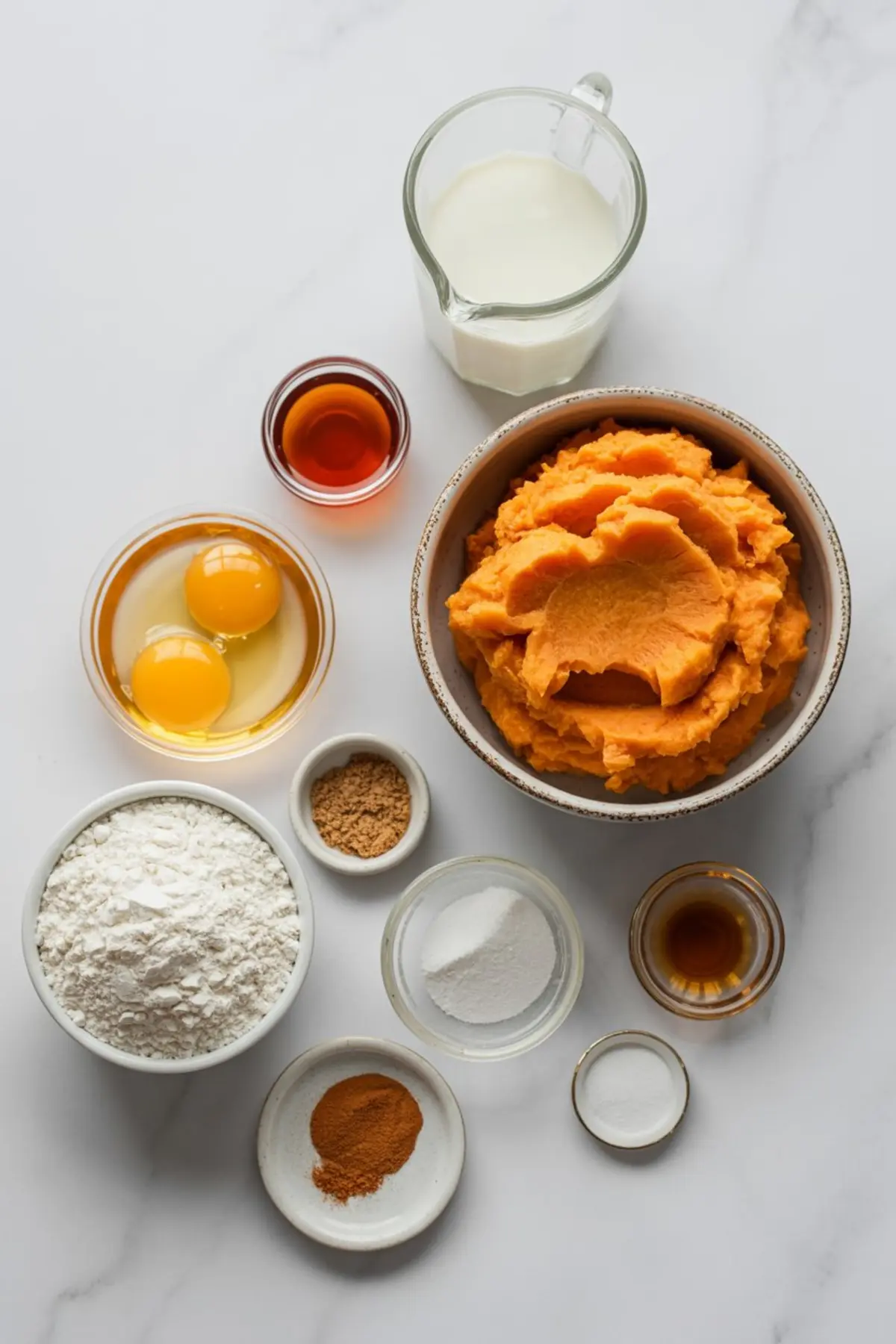 Flat lay of sweet potato waffle ingredients including mashed sweet potatoes, flour, eggs, milk, maple syrup, vanilla extract, baking powder, baking soda, salt, cinnamon, and ground ginger on a white background.
