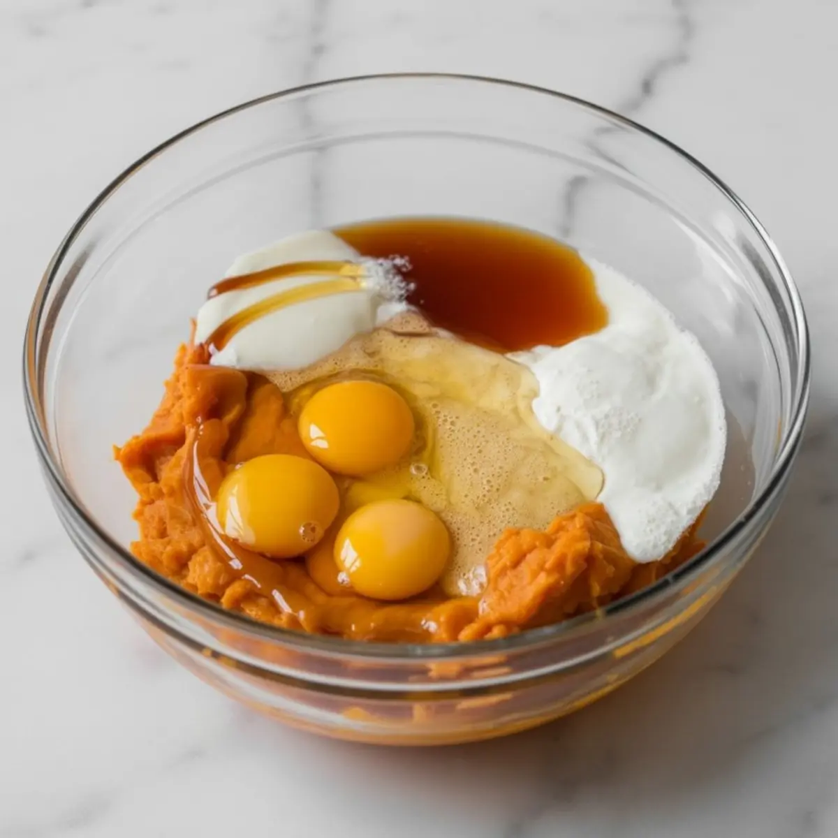 Clear glass bowl containing mashed sweet potatoes, eggs, Greek yogurt, vanilla extract, and maple syrup on a marble background.
