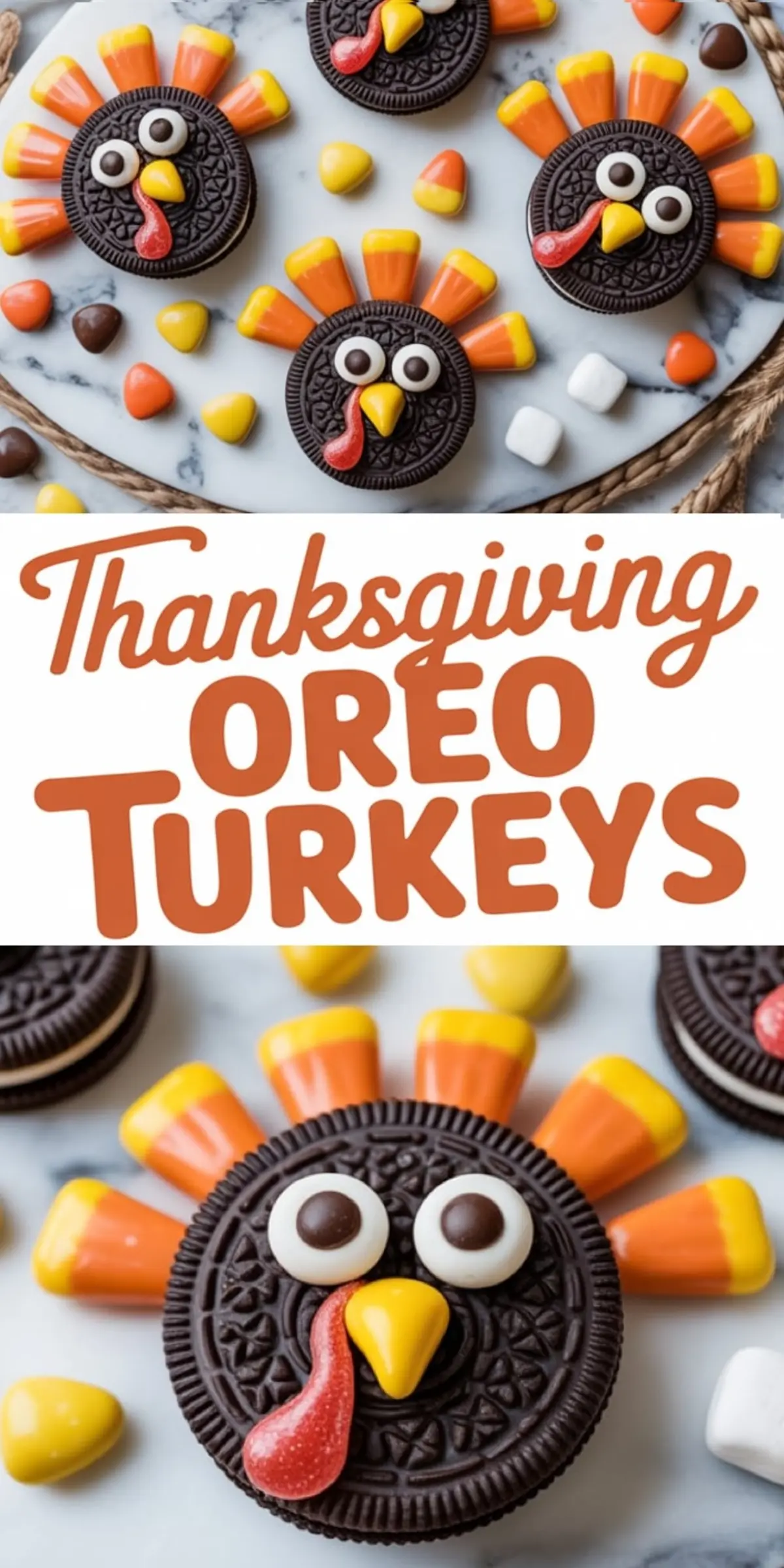 Top view and close-up of Thanksgiving Oreo turkeys made with chocolate sandwich cookies, candy eyes, candy corn feathers, yellow candy beaks, and red gummy tongues, arranged on a marble surface with scattered fall candies.

