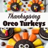 Flat lay and close-up of Oreo turkey treats made with sandwich cookies, candy corn, candy eyes, and red gummy tongues, placed on a marble board with mini marshmallows, chocolate candies, and colorful fall sprinkles.