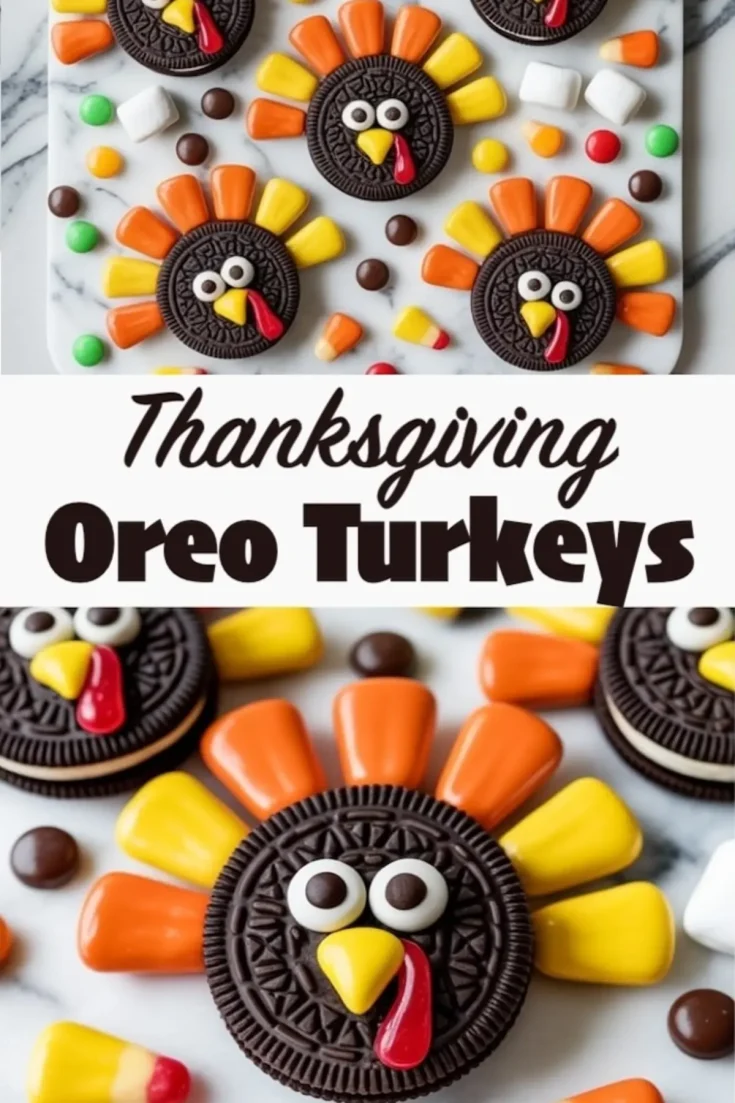 Flat lay and close-up of Oreo turkey treats made with sandwich cookies, candy corn, candy eyes, and red gummy tongues, placed on a marble board with mini marshmallows, chocolate candies, and colorful fall sprinkles.