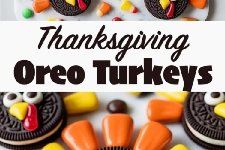 Flat lay and close-up of Oreo turkey treats made with sandwich cookies, candy corn, candy eyes, and red gummy tongues, placed on a marble board with mini marshmallows, chocolate candies, and colorful fall sprinkles.