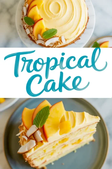 Round tropical layer cake topped with mango slices, peach wedges, toasted coconut, and mint leaves, with a slice on a plate beside it.
