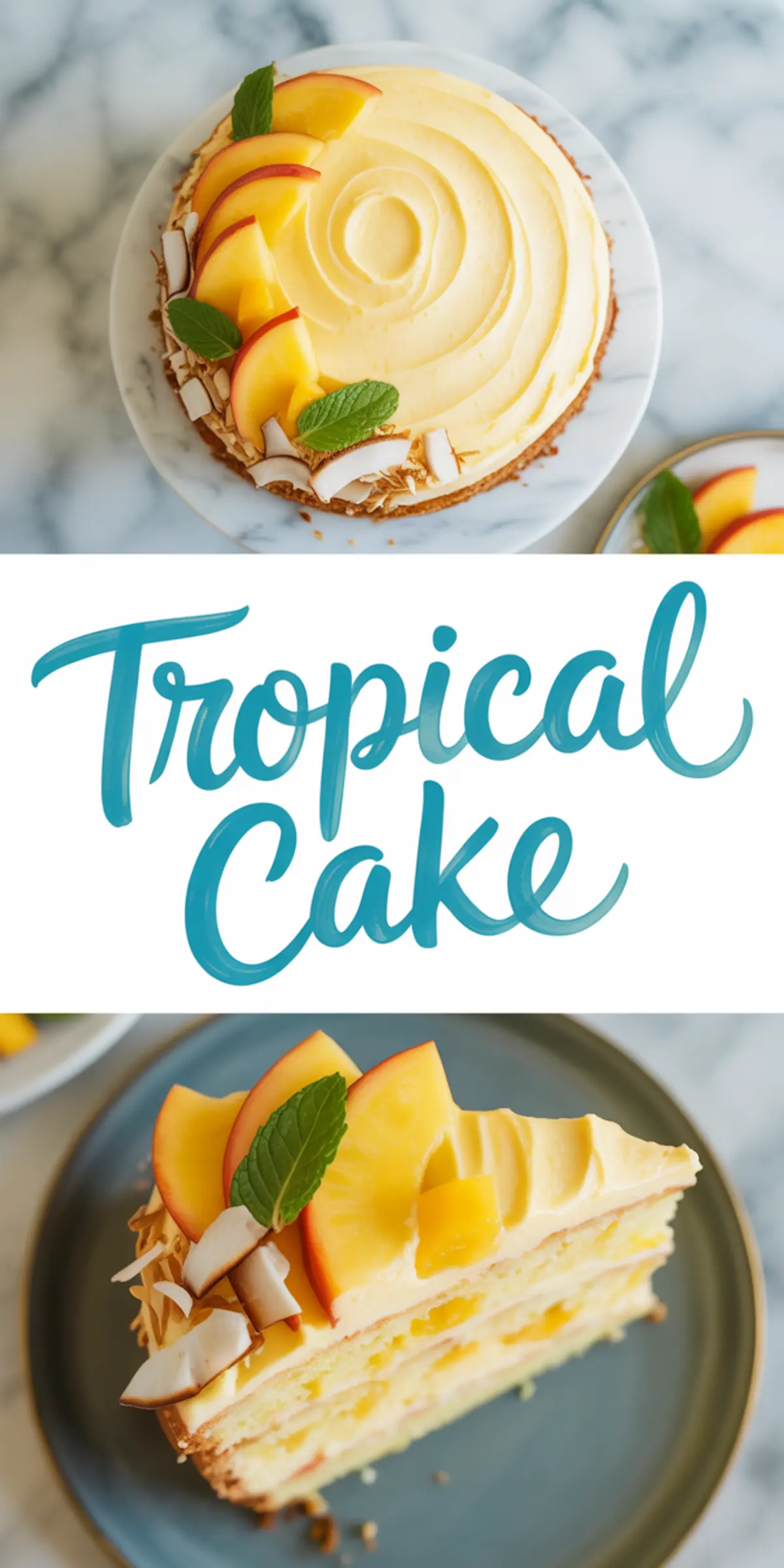 Collage image of a tropical cake with mango slices, coconut flakes, and mint on top, along with a slice of the cake showing layers of fruit and cream.