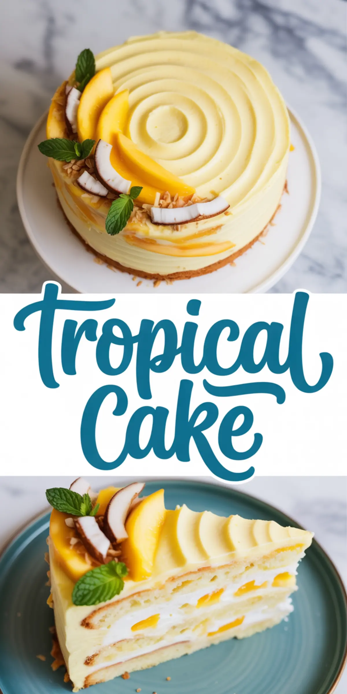 Collage image of a tropical fruit cake decorated with mango slices, coconut shavings, and mint leaves, featuring a layered slice with whipped cream and fresh fruit.