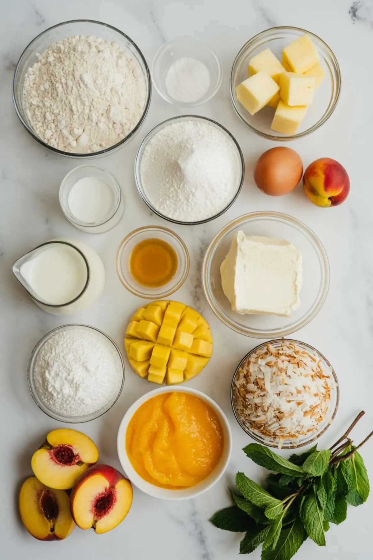 Flat lay of tropical cake ingredients including flour, sugar, butter, eggs, milk, mango, peaches, whipped cream, coconut flakes, and fresh mint leaves on a marble countertop.