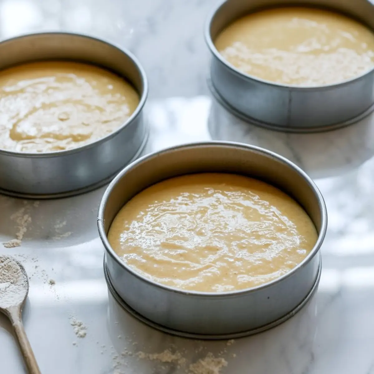 Three round cake pans filled with smooth yellow cake batter, set on a marble countertop with a wooden spoon dusted with flour nearby.