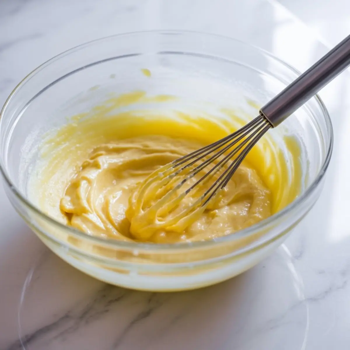 Glass mixing bowl of creamy yellow cake batter with a whisk resting inside on a marble surface.