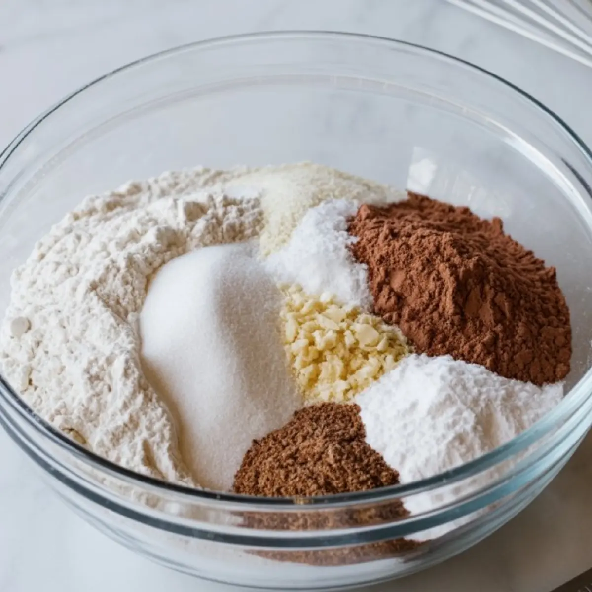 Glass mixing bowl filled with dry cupcake ingredients, including flour, granulated sugar, cocoa powder, baking soda, baking powder, chopped white chocolate, and salt, arranged in separate mounds before mixing.

