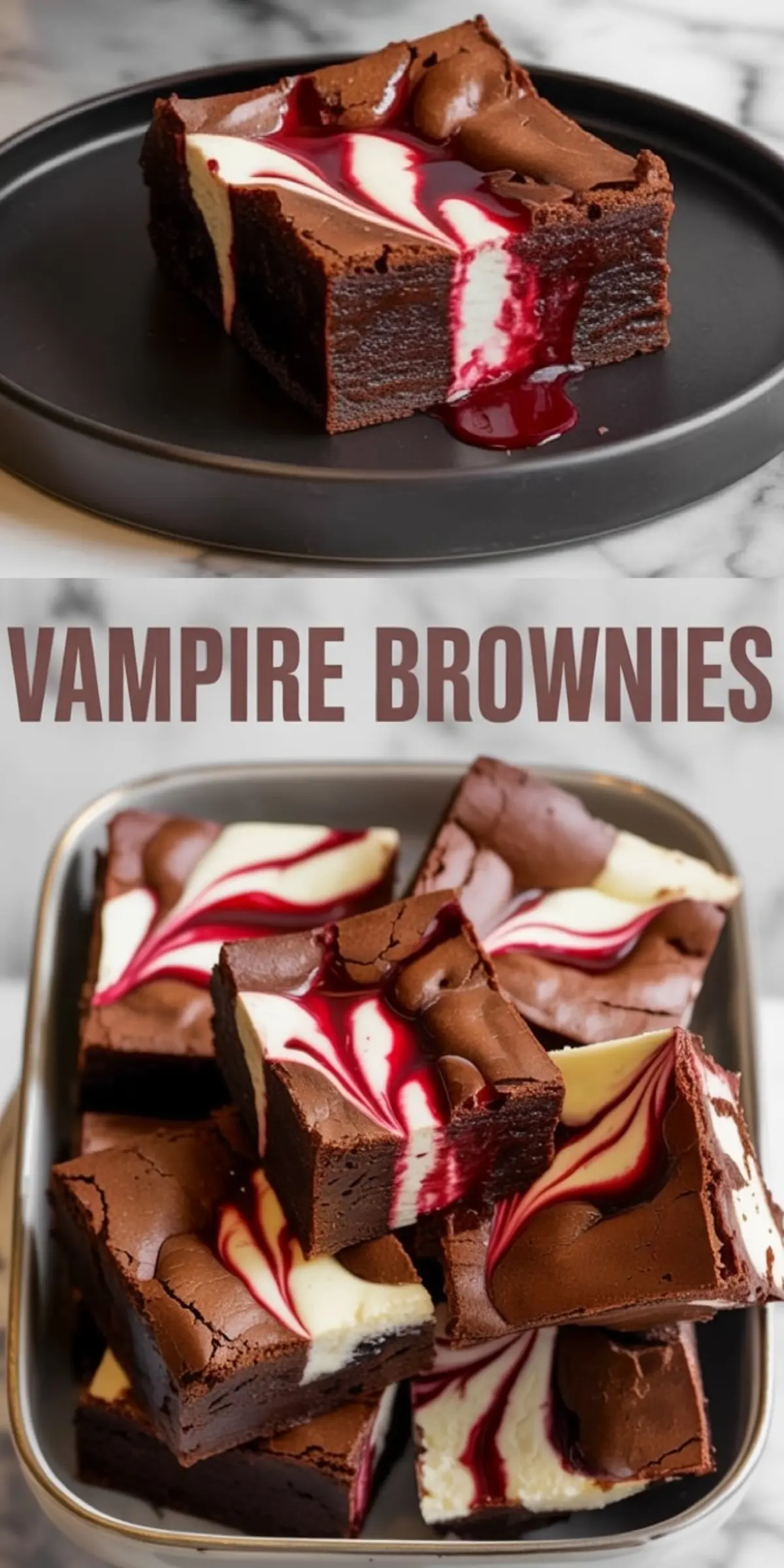 Close-up of a fudgy vampire brownie on a black plate, featuring a swirl of cream cheese filling and bright red raspberry sauce oozing through the rich chocolate layers.