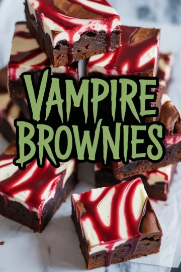 Stack of vampire brownies with glossy chocolate tops, cream cheese swirls, and vibrant raspberry filling, styled in a baking dish for a spooky Halloween dessert.