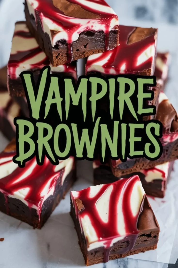Stack of vampire brownies with glossy chocolate tops, cream cheese swirls, and vibrant raspberry filling, styled in a baking dish for a spooky Halloween dessert.