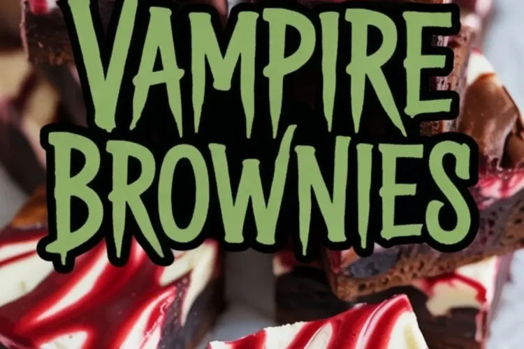 Stack of vampire brownies with glossy chocolate tops, cream cheese swirls, and vibrant raspberry filling, styled in a baking dish for a spooky Halloween dessert.