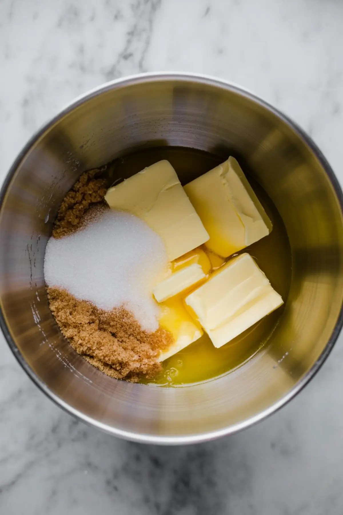Mixing bowl with softened butter, brown sugar, and granulated sugar, ready to be creamed together as the base for homemade brownies.