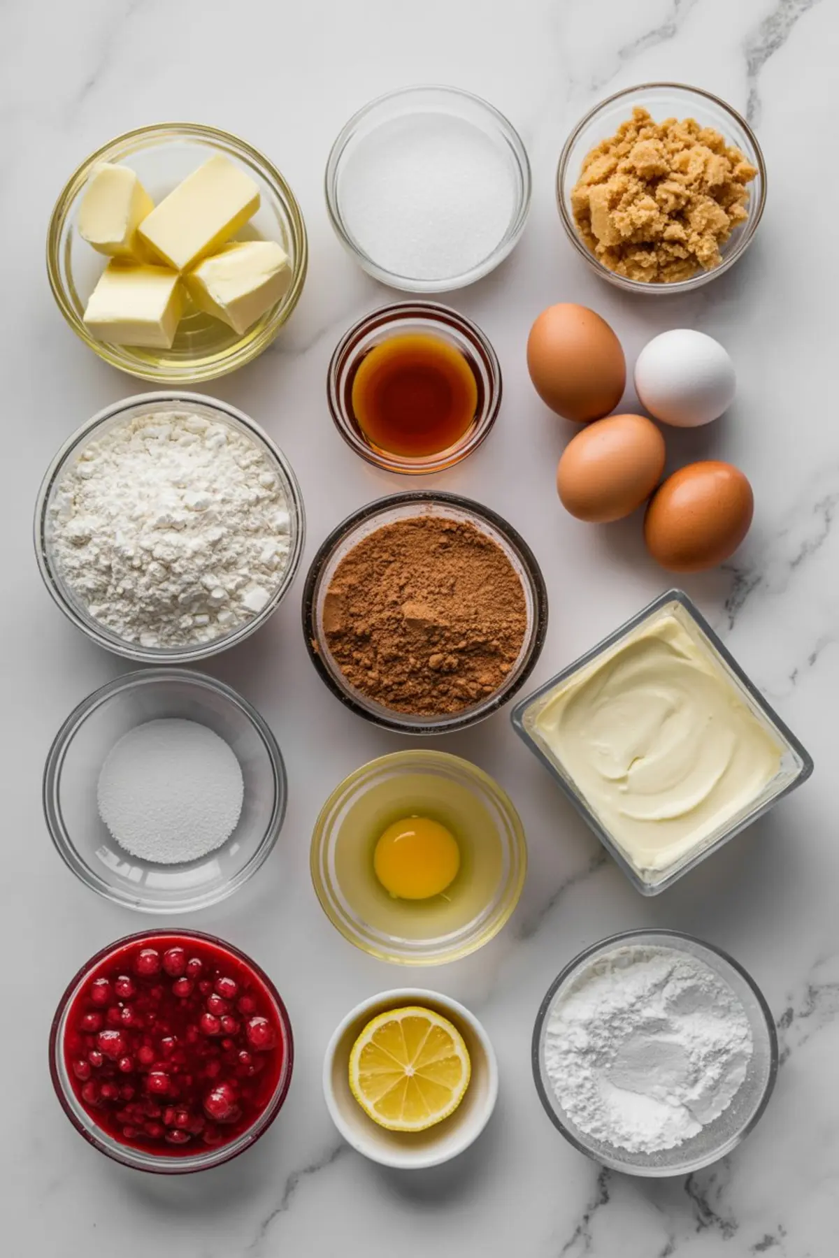 Flat lay of baking ingredients including butter, eggs, cocoa powder, flour, sugar, vanilla, cream cheese, lemon, powdered sugar, and red berries, neatly arranged in glass bowls on a marble surface.