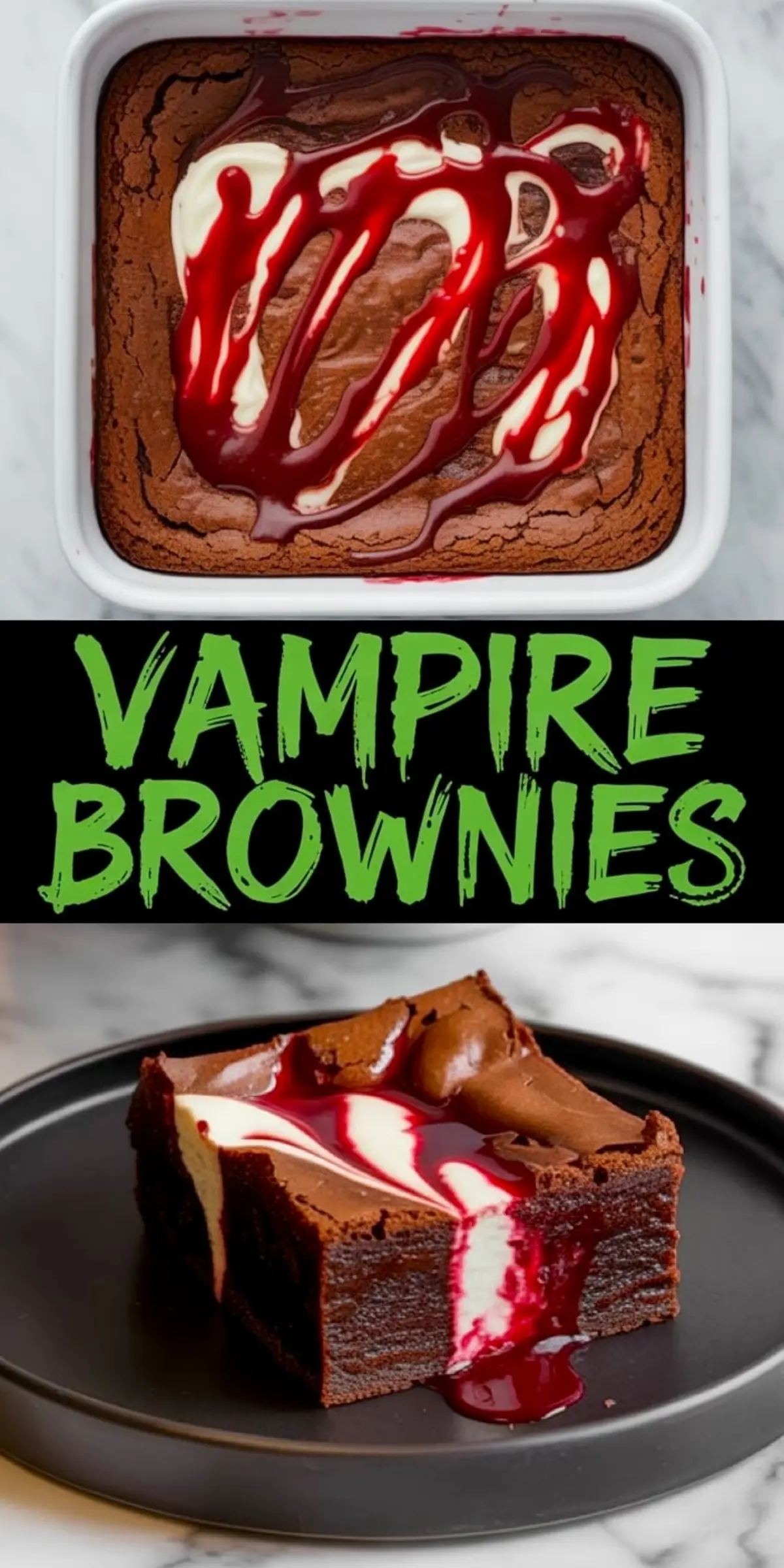 Baked vampire brownies in a white pan, topped with cream cheese swirls and drizzled with red raspberry sauce for a dramatic Halloween-themed look.