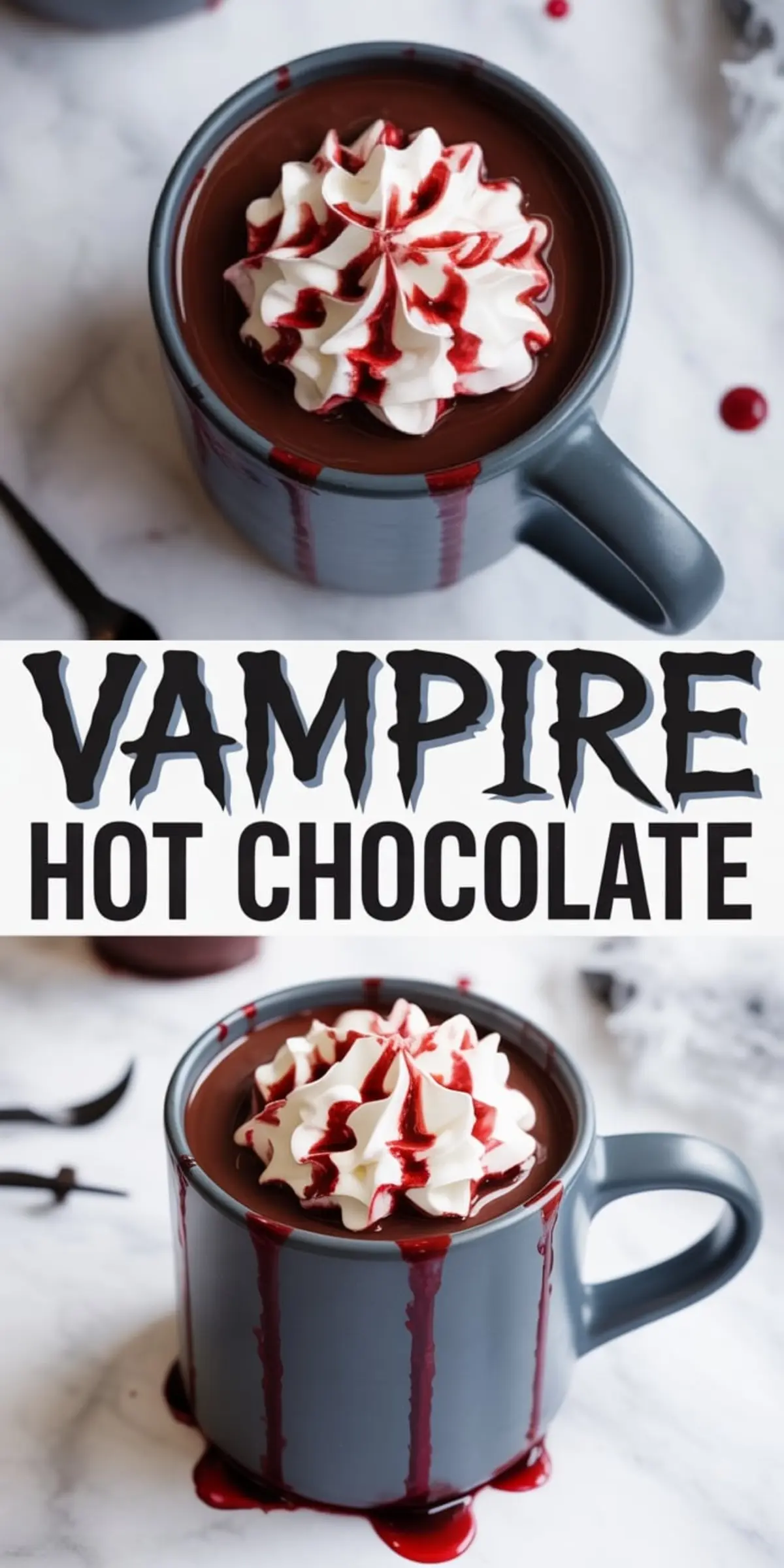 Grey ceramic mug filled with dark chocolate hot cocoa, decorated with a swirl of whipped cream and blood-like red syrup drizzle, with the syrup dripping down the sides for a spooky vampire drink presentation.
