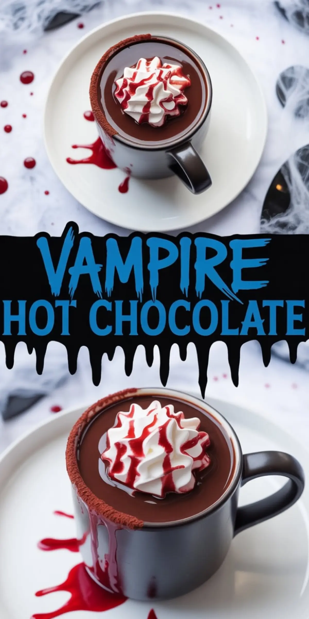 Black ceramic mug filled with rich hot chocolate, topped with whipped cream and drizzled with red raspberry syrup to resemble blood, served on a white plate with syrup splatter for a Halloween-themed vampire hot chocolate aesthetic.
