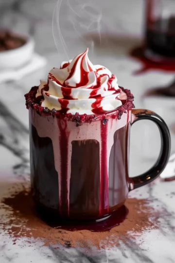 Steaming hot chocolate served in a black glass mug with a rim coated in red sugar crystals, topped with whipped cream and red syrup, dripping dramatically for a gothic Halloween drink display.