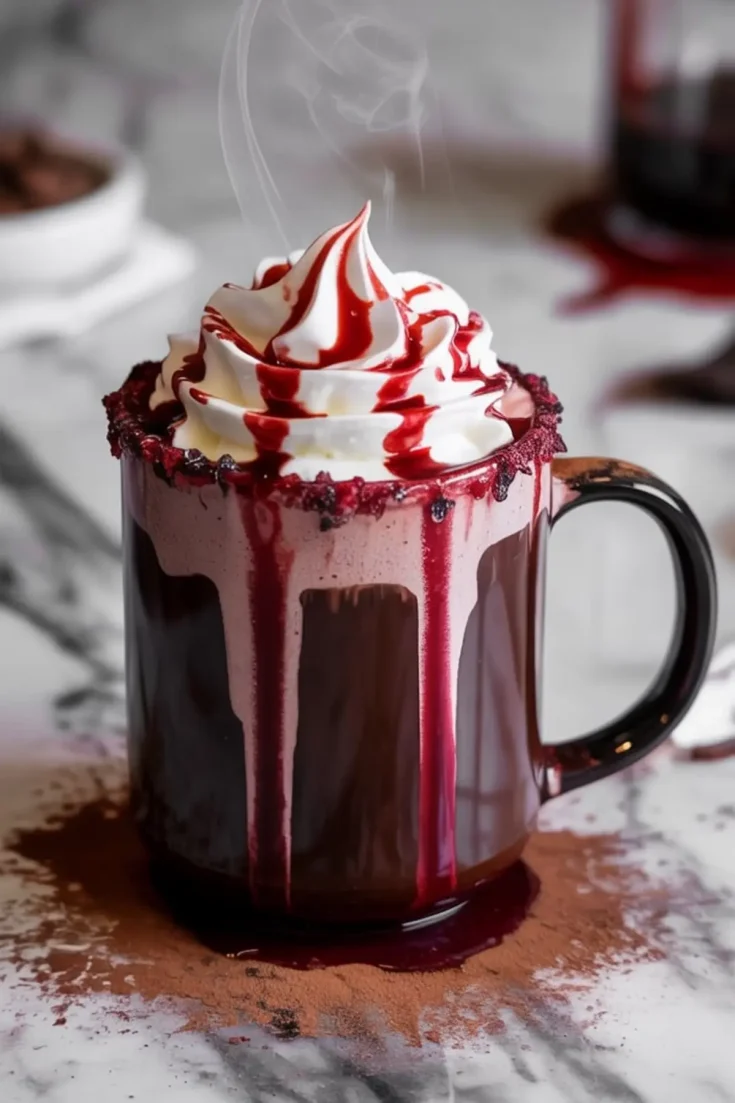 Steaming hot chocolate served in a black glass mug with a rim coated in red sugar crystals, topped with whipped cream and red syrup, dripping dramatically for a gothic Halloween drink display.
