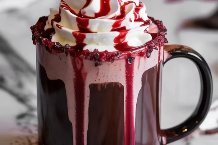 Steaming hot chocolate served in a black glass mug with a rim coated in red sugar crystals, topped with whipped cream and red syrup, dripping dramatically for a gothic Halloween drink display.