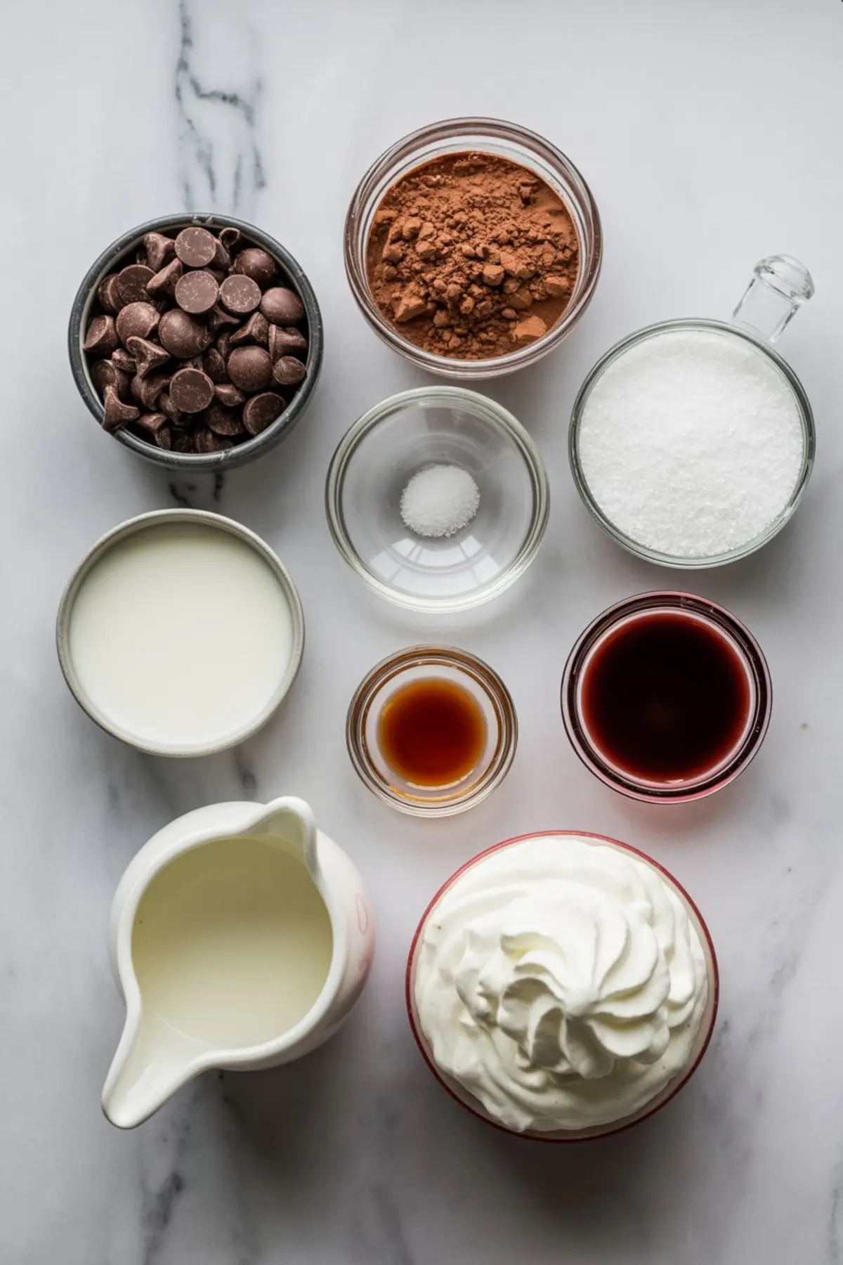 Overhead shot of vampire hot chocolate ingredients on a marble surface, including chocolate chips, cocoa powder, granulated sugar, salt, milk, cream, vanilla extract, red syrup, and whipped cream.
