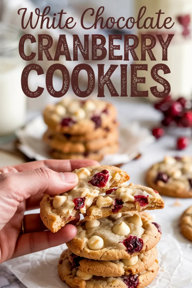 Hand lifting a split white chocolate cranberry cookie from a stack, with rustic background and large text that reads “White Chocolate Cranberry Cookies.”