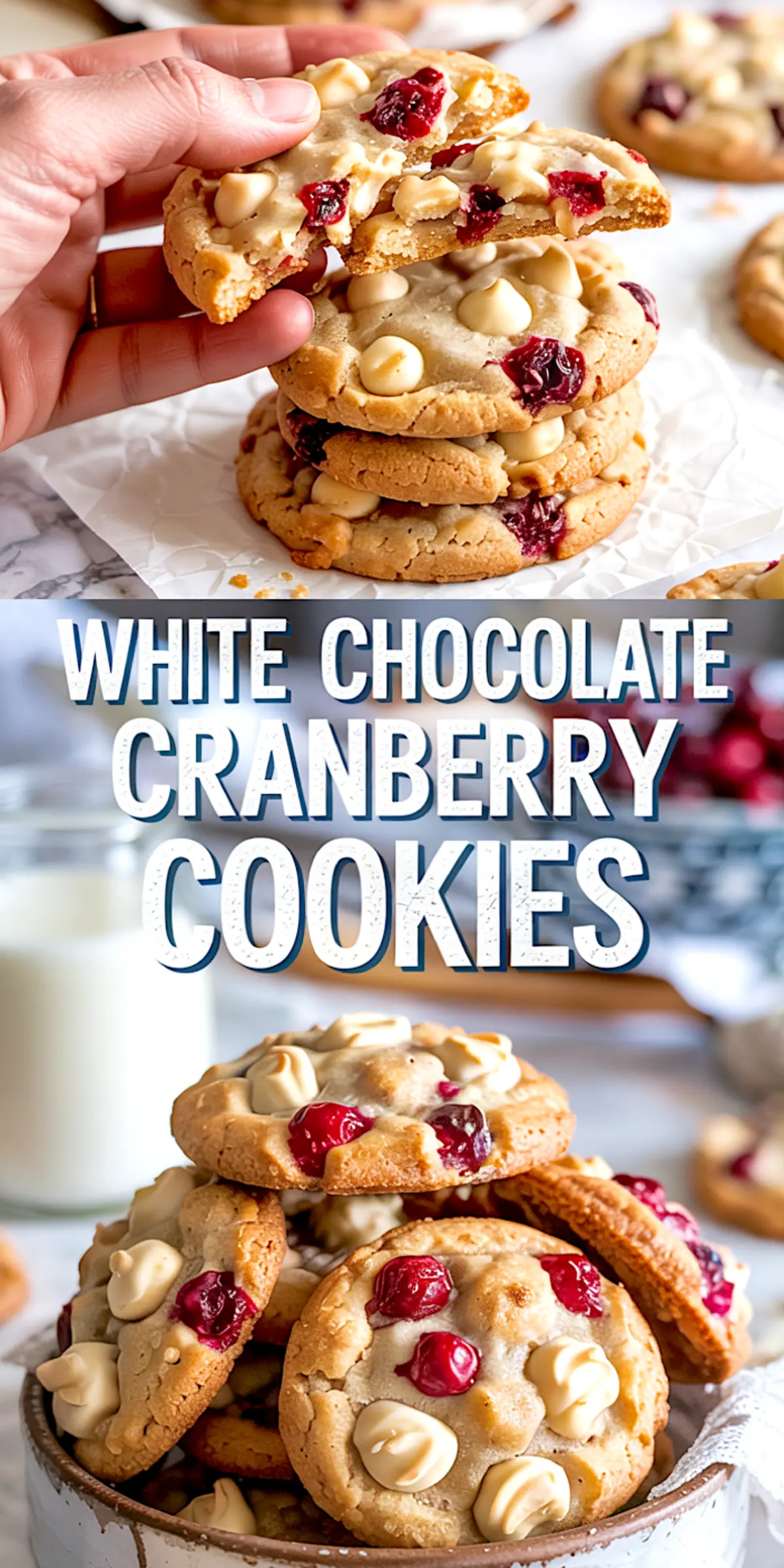 Vertical collage showing a hand holding a gooey white chocolate cranberry cookie above a plate of stacked cookies in the top half, and a bowl filled with golden cookies topped with cranberries and white chocolate chips in the bottom half, overlaid with bold text reading “WHITE CHOCOLATE CRANBERRY COOKIES.”