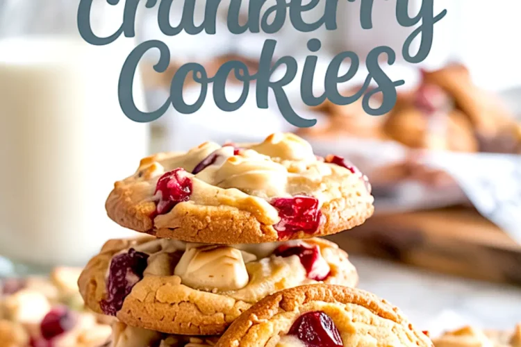 Stack of golden white chocolate cranberry cookies on parchment paper, with chunks of white chocolate and dried cranberries visible, styled under a handwritten text overlay that reads “White Chocolate Cranberry Cookies.”