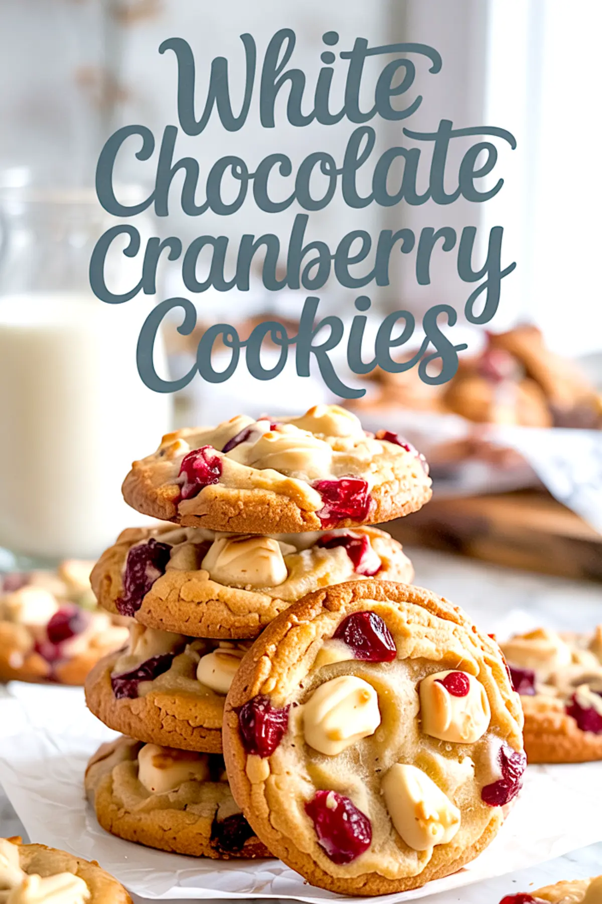 Stack of golden white chocolate cranberry cookies on parchment paper, with chunks of white chocolate and dried cranberries visible, styled under a handwritten text overlay that reads “White Chocolate Cranberry Cookies.”