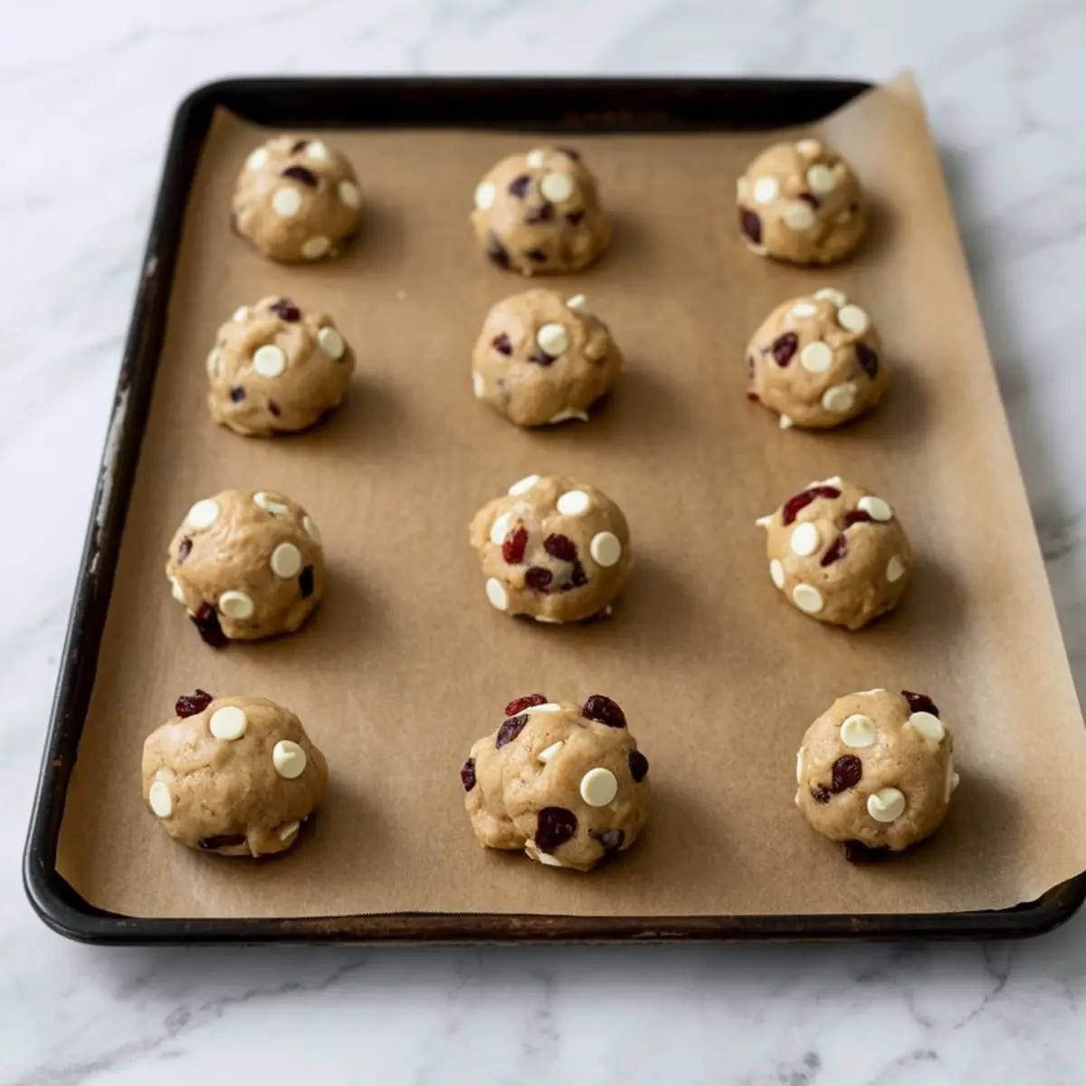Unbaked white chocolate cranberry cookie dough balls arranged on a parchment-lined baking tray.