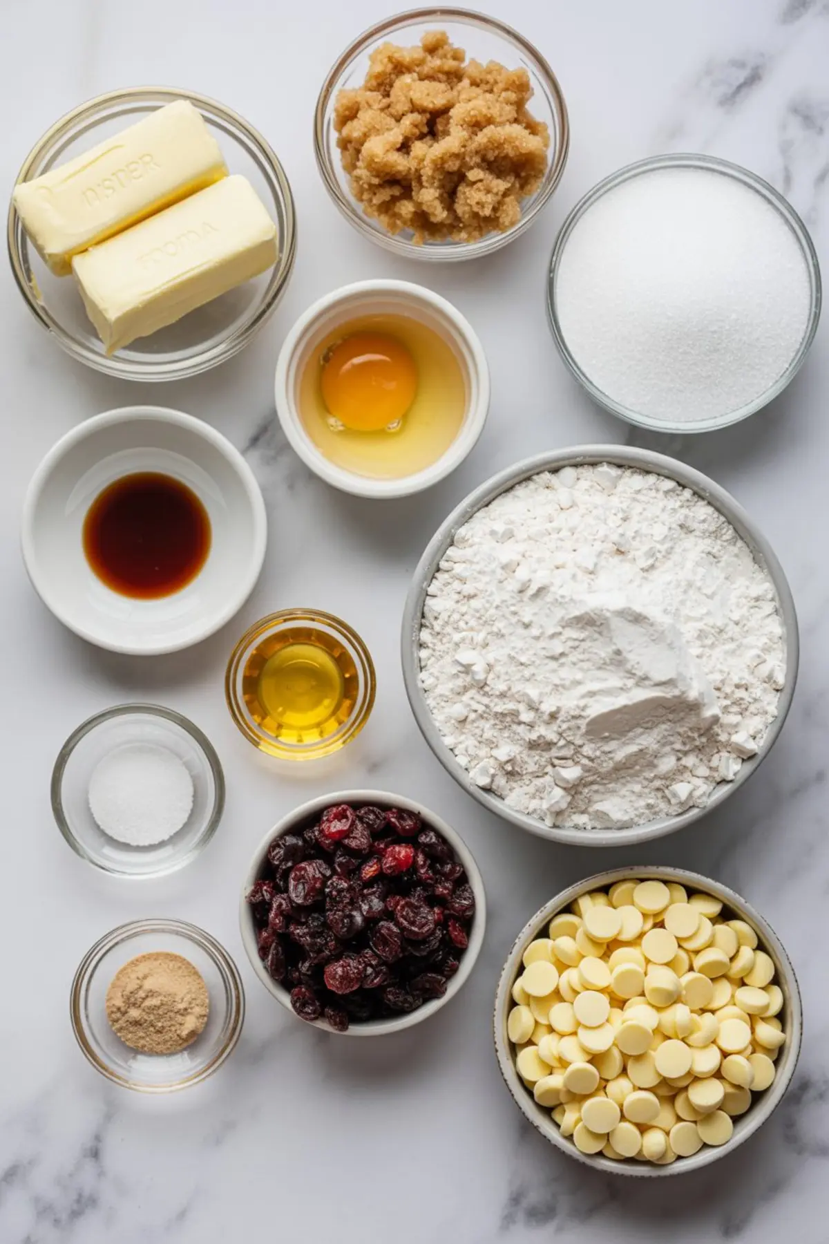Flat lay of cookie ingredients including butter, flour, brown sugar, granulated sugar, eggs, vanilla extract, baking soda, dried cranberries, and white chocolate chips on a white marble surface.